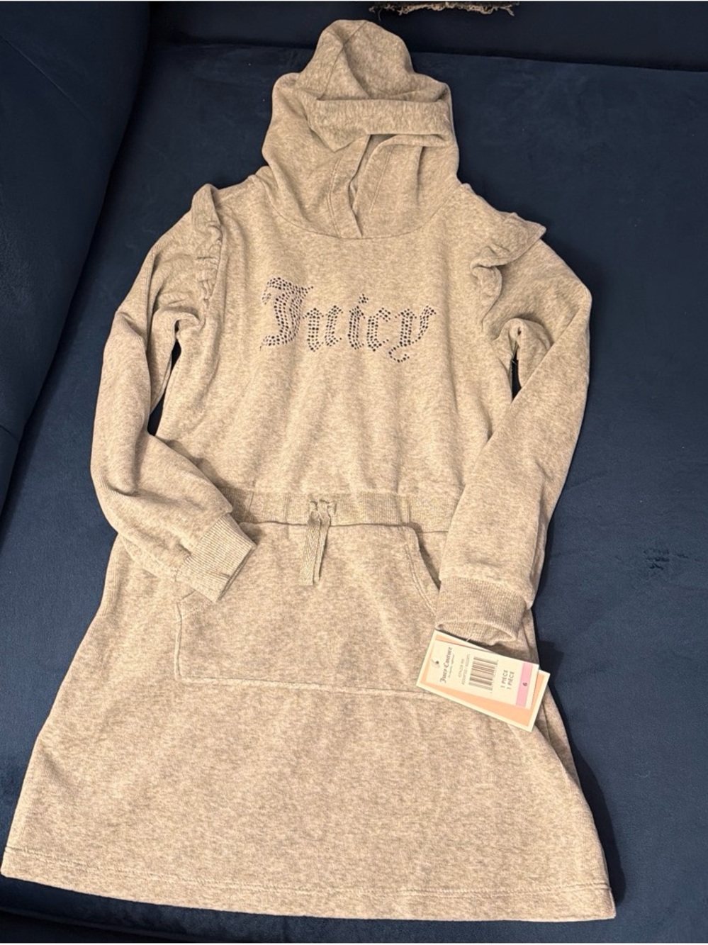 Juicy Couture Gray Hooded Ruffle Sweatshirt Dress with Rhinestone Logo